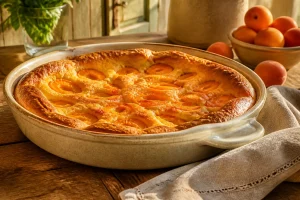 Clafoutis aux abricots doré dans un plat en céramique rustique, abricots fondus dans une pâte moelleuse, lumière provençale
