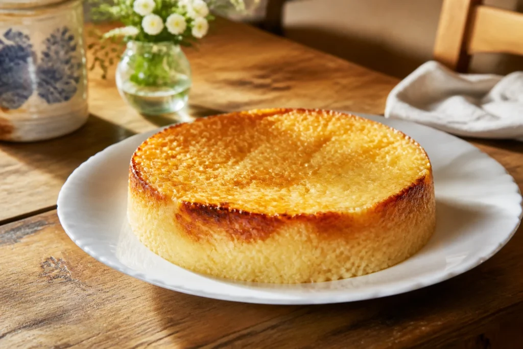 Gâteau de riz façon grand-mère démoulé sur assiette en faïence, texture fondante dorée, lumière naturelle