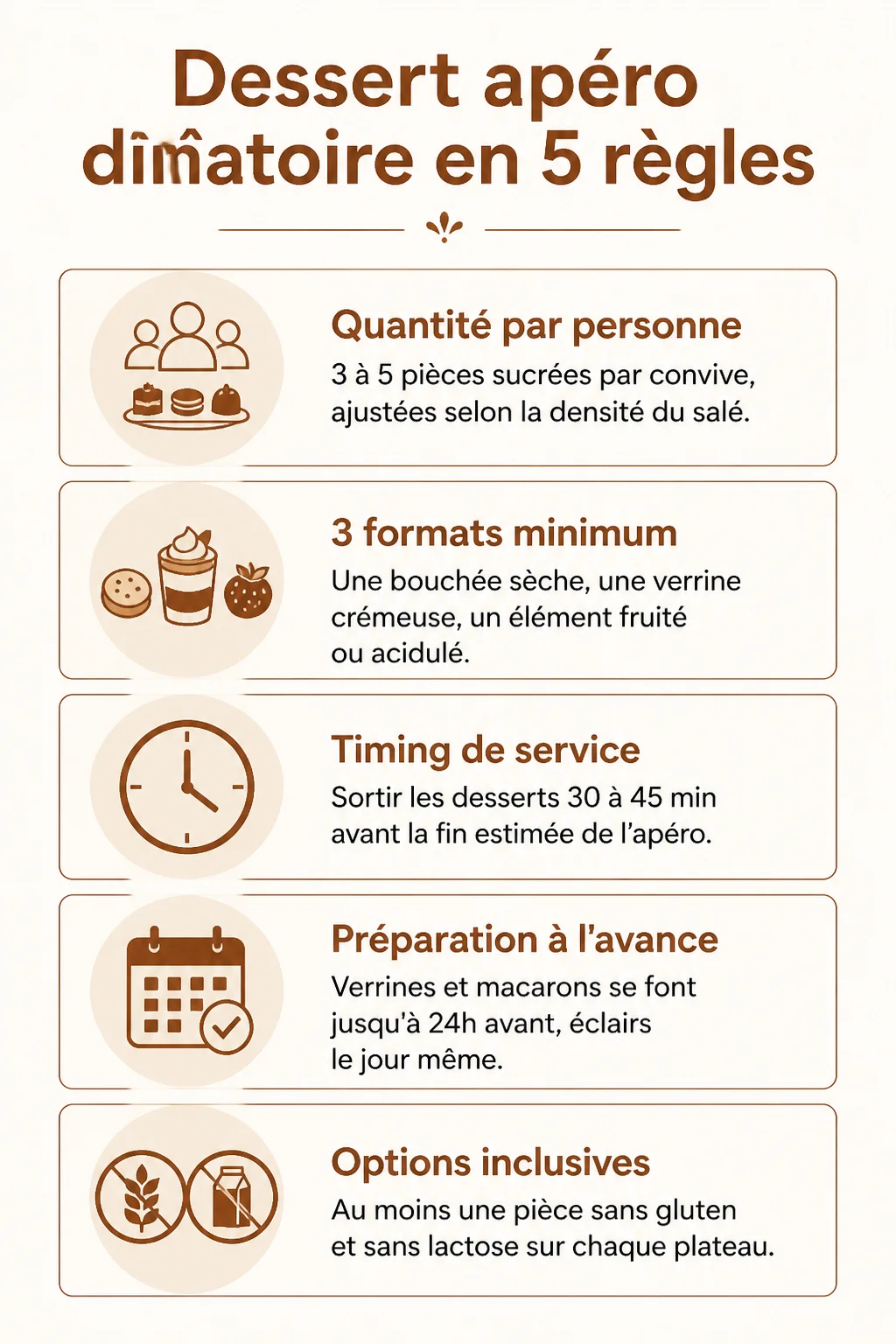 Dessert apéro dînatoire en 5 règles : Quantité par personne, 3 formats minimum, Timing de service, Préparation à l'avance, Options inclusives
