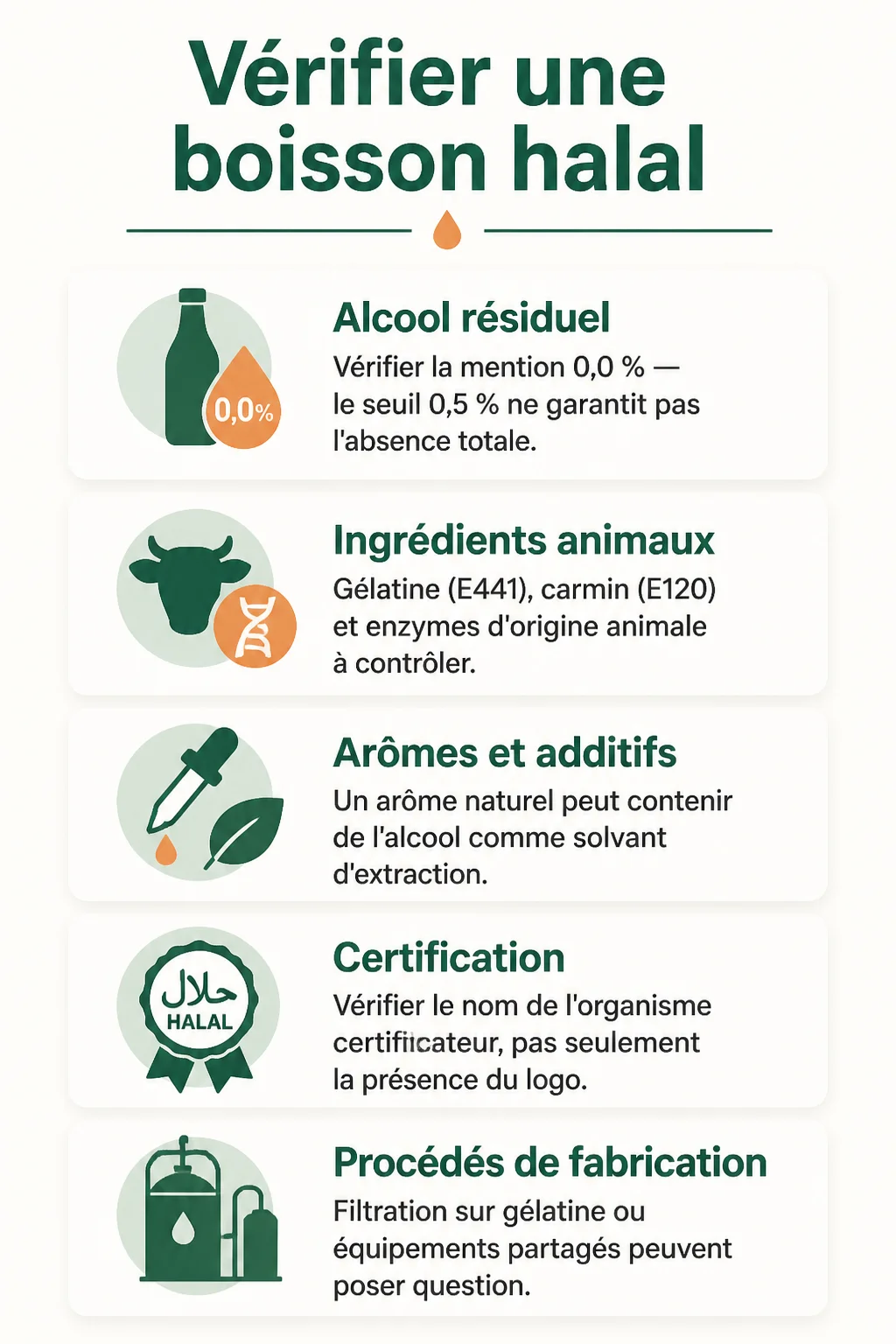 Vérifier une boisson halal : Alcool résiduel, Ingrédients animaux, Arômes et additifs, Certification, Procédés de fabrication