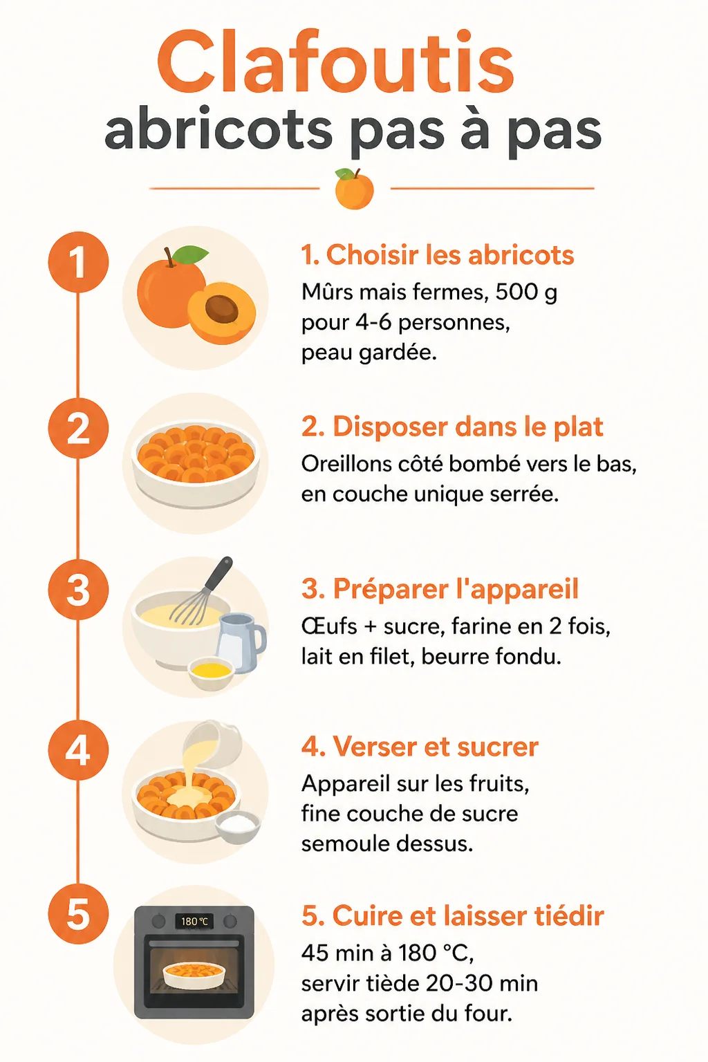 Clafoutis abricots pas à pas : 1. Choisir les abricots, 2. Disposer dans le plat, 3. Préparer l'appareil, 4. Verser et sucrer, 5. Cuire et laisser tiédir