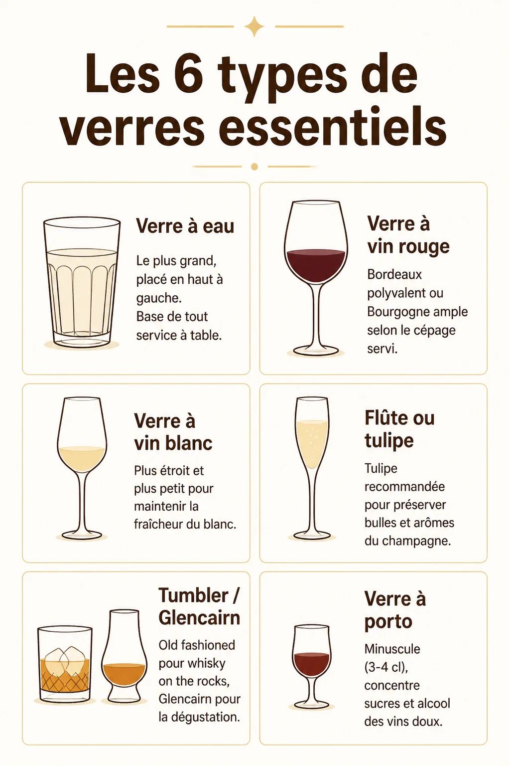Les 6 types de verres essentiels : Verre à eau, Verre à vin rouge, Verre à vin blanc, Flûte ou tulipe, Tumbler / Glencairn, Verre à porto