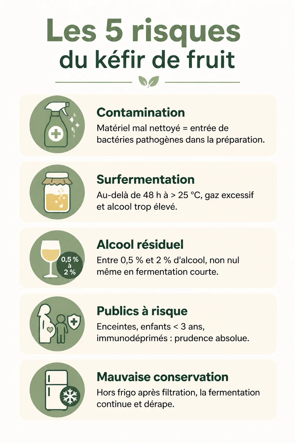 Les 5 risques du kéfir de fruit : Contamination, Surfermentation, Alcool résiduel, Publics à risque, Mauvaise conservation