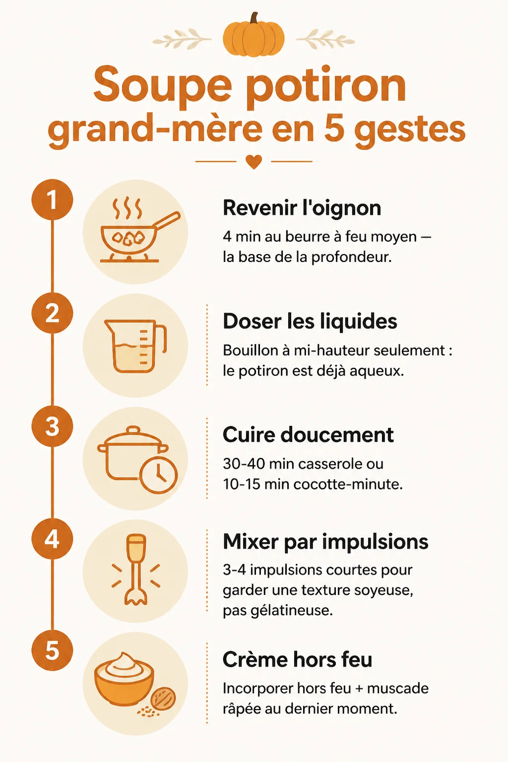 Soupe potiron grand-mère en 5 gestes : 1. Revenir l'oignon, 2. Doser les liquides, 3. Cuire doucement, 4. Mixer par impulsions, 5. Crème hors feu