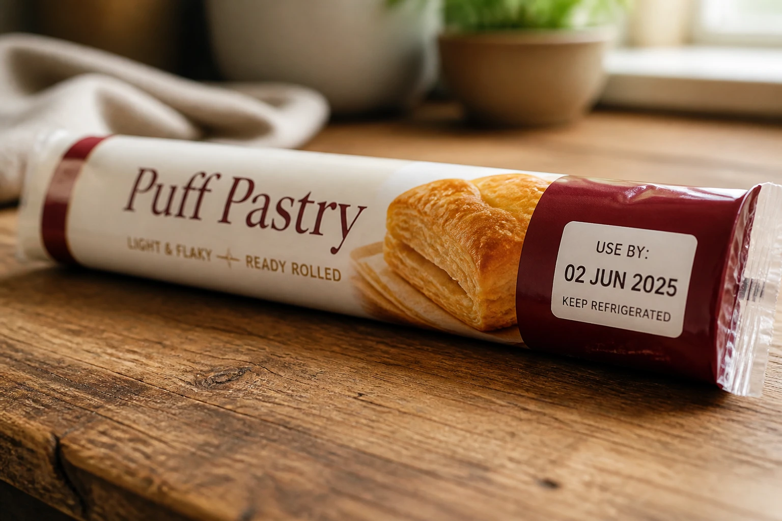 Rouleau de pâte feuilletée réfrigérée avec étiquette de date visible sur un plan de travail en bois