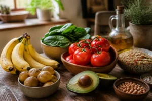 Aliments riches en potassium disposés sur une table en bois rustique : banane, tomates, épinards et avocat