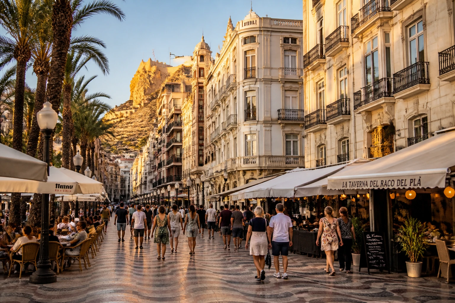 Rue du centre-ville d'Alicante avec terrasses et ambiance méditerranéenne