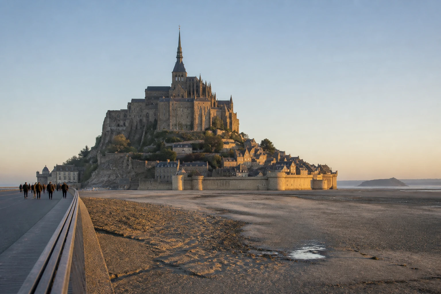 Vue du Mont Saint-Michel au lever du soleil depuis la baie à marée basse