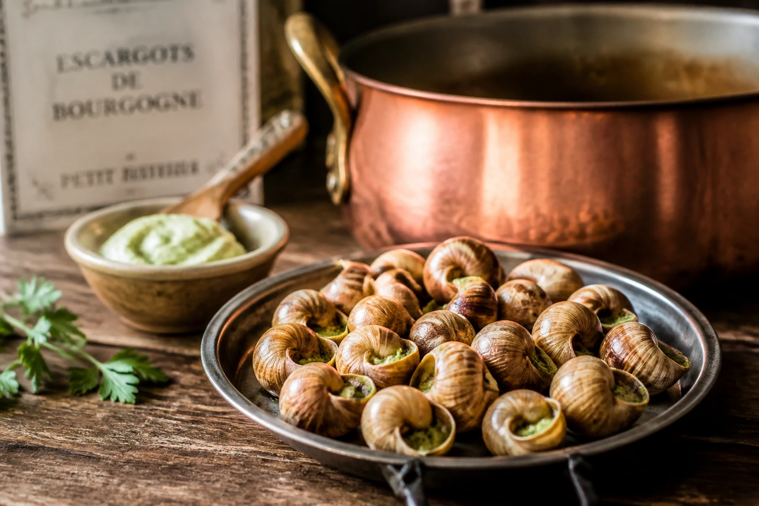 Escargots de Bourgogne préparés avec beurre persillé sur une table en bois en Provence