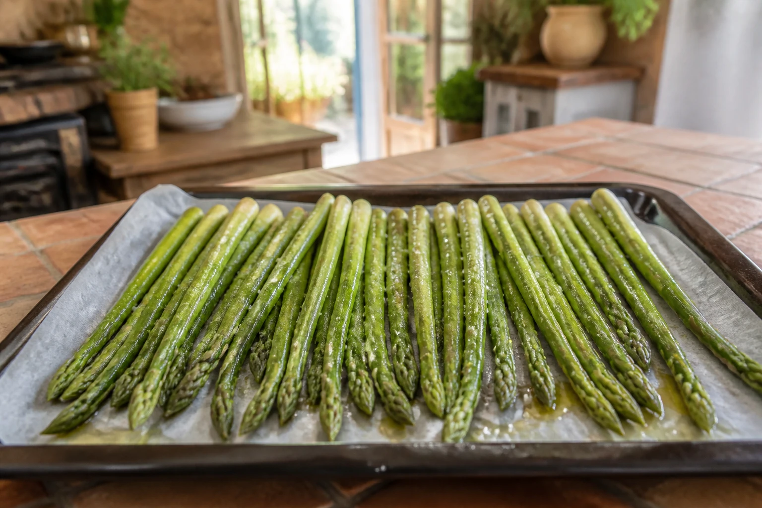 Asperges congelées disposées sur une plaque de four avant cuisson avec un filet d'huile d'olive