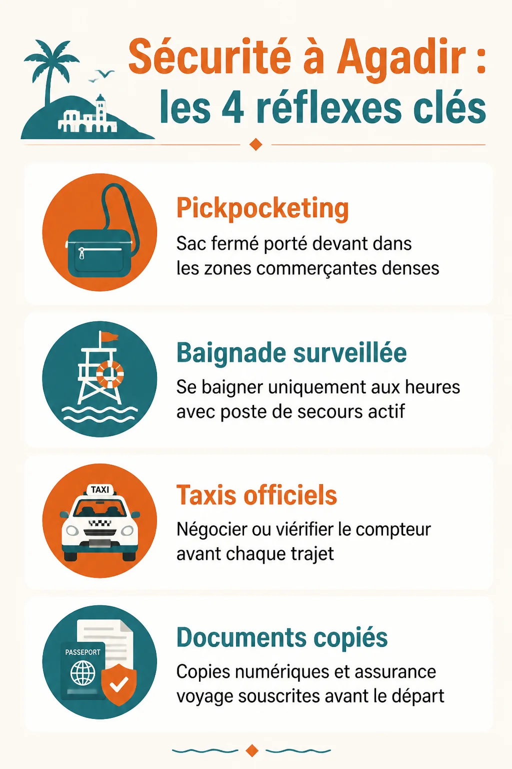 Sécurité à Agadir : les 4 réflexes clés : Pickpocketing, Baignade surveillée, Taxis officiels, Documents copiés