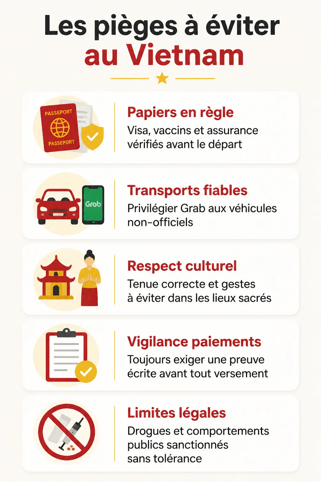 Les pièges à éviter au Vietnam : Papiers en règle, Transports fiables, Respect culturel, Vigilance paiements, Limites légales
