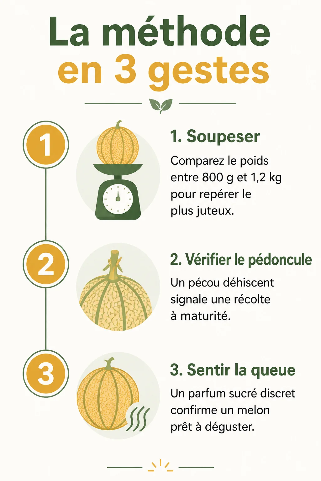 La méthode en 3 gestes : 1. Soupeser, 2. Vérifier le pédoncule, 3. Sentir la queue