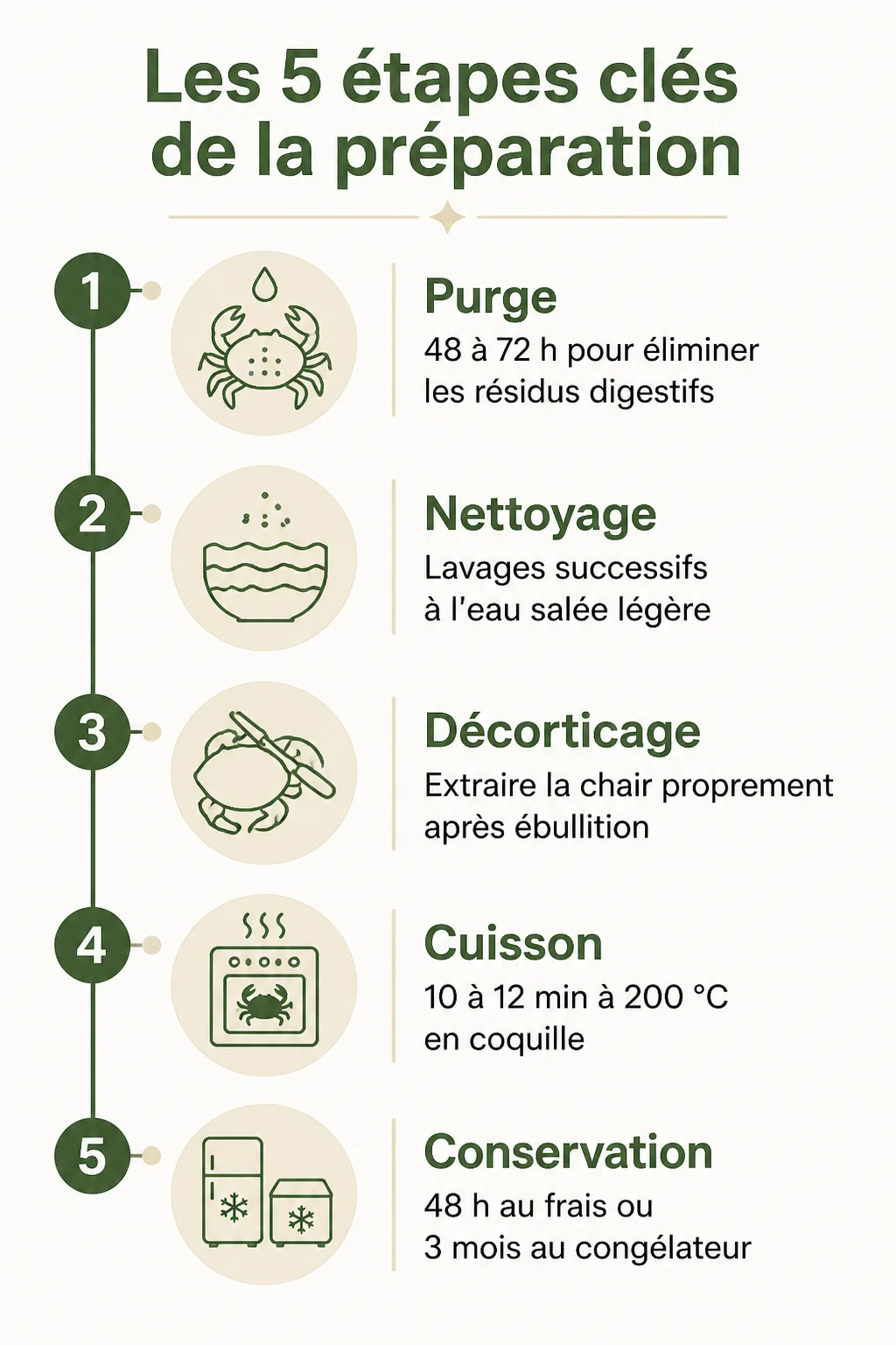Les 5 étapes clés de la préparation : 1. Purge, 2. Nettoyage, 3. Décorticage, 4. Cuisson, 5. Conservation