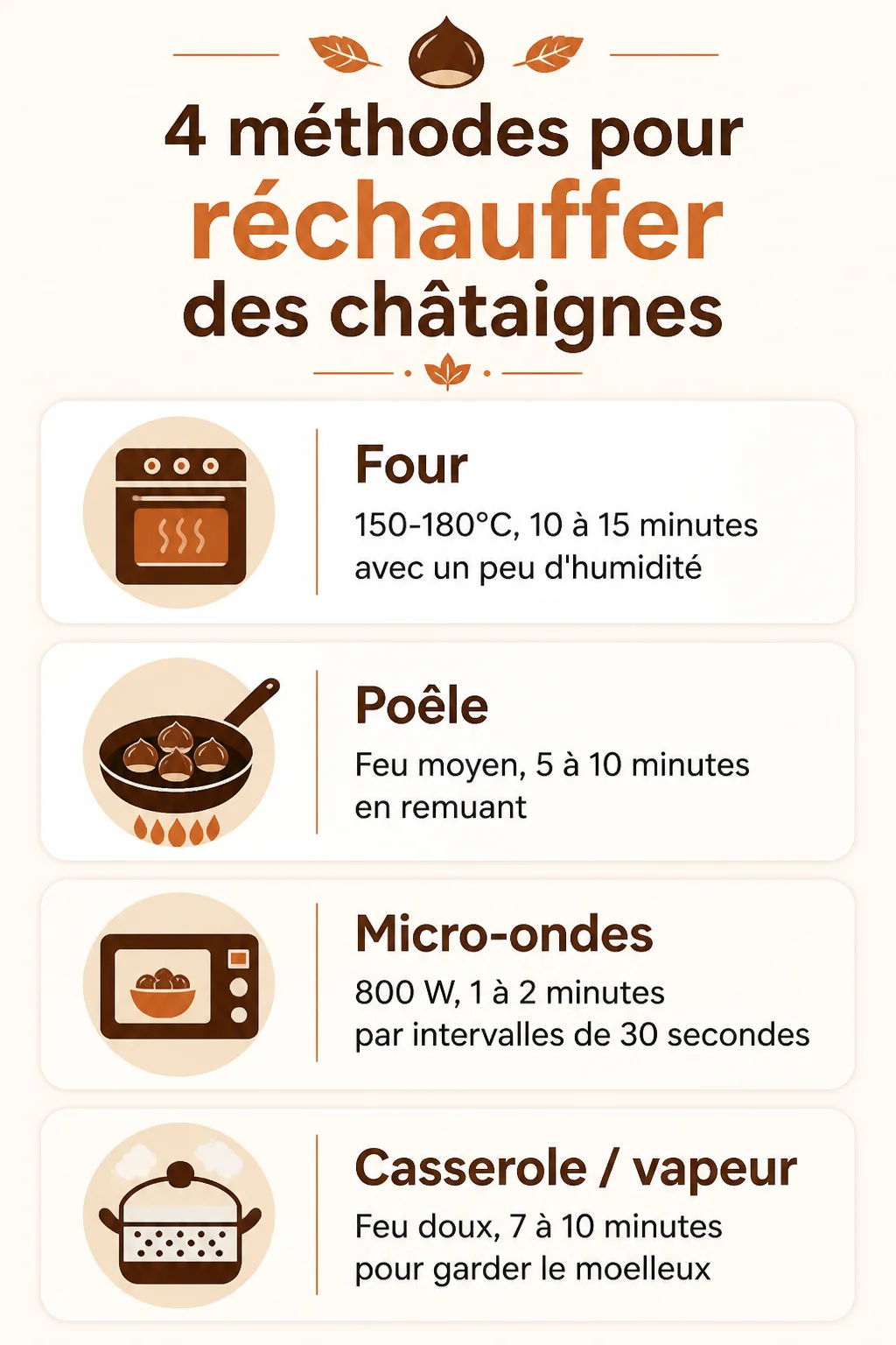 4 méthodes pour réchauffer des châtaignes : Four, Poêle, Micro-ondes, Casserole / vapeur