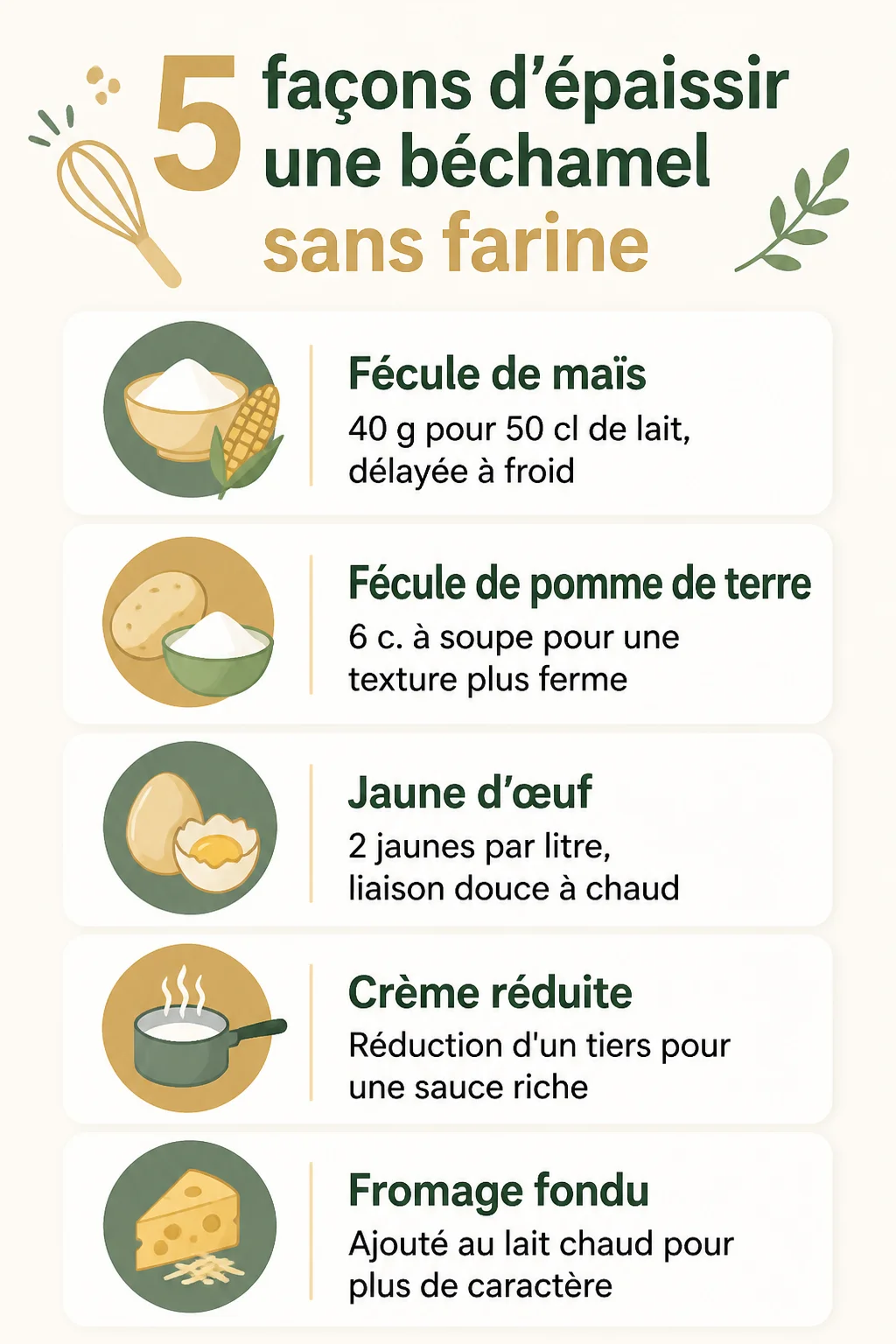 5 façons d'épaissir une béchamel sans farine : Fécule de maïs, Fécule de pomme de terre, Jaune d'œuf, Crème réduite, Fromage fondu
