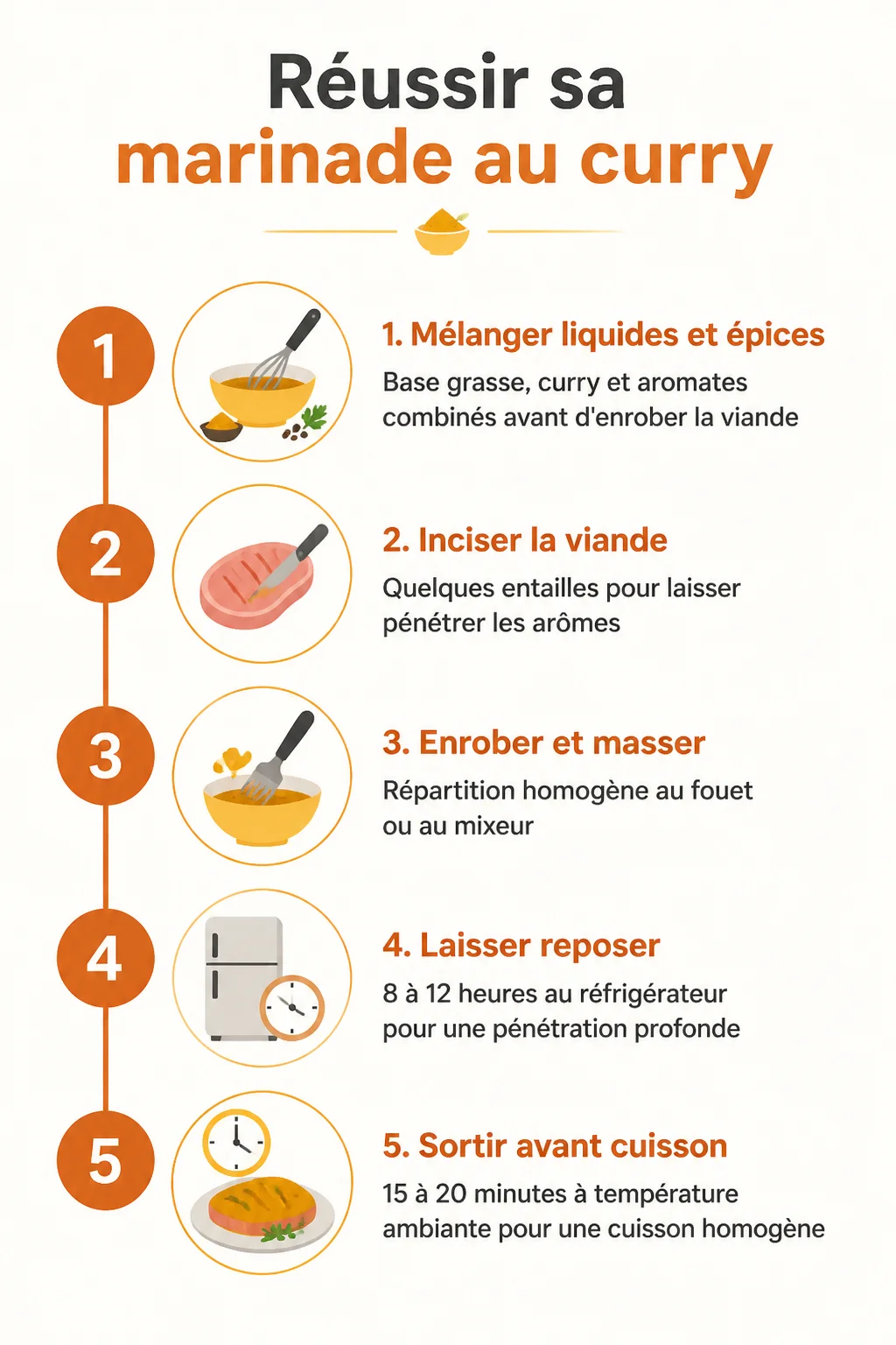 Réussir sa marinade au curry : 1. Mélanger liquides et épices, 2. Inciser la viande, 3. Enrober et masser, 4. Laisser reposer, 5. Sortir avant cuisson
