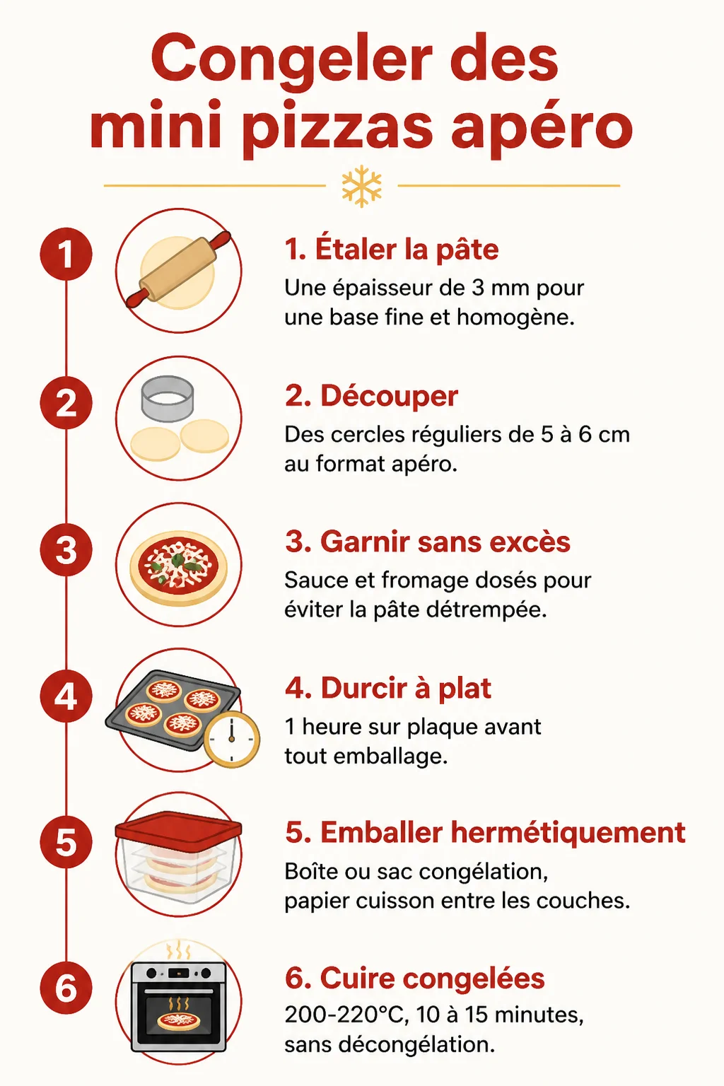 Congeler des mini pizzas apéro : 1. Étaler la pâte, 2. Découper, 3. Garnir sans excès, 4. Durcir à plat, 5. Emballer hermétiquement, 6. Cuire congelées