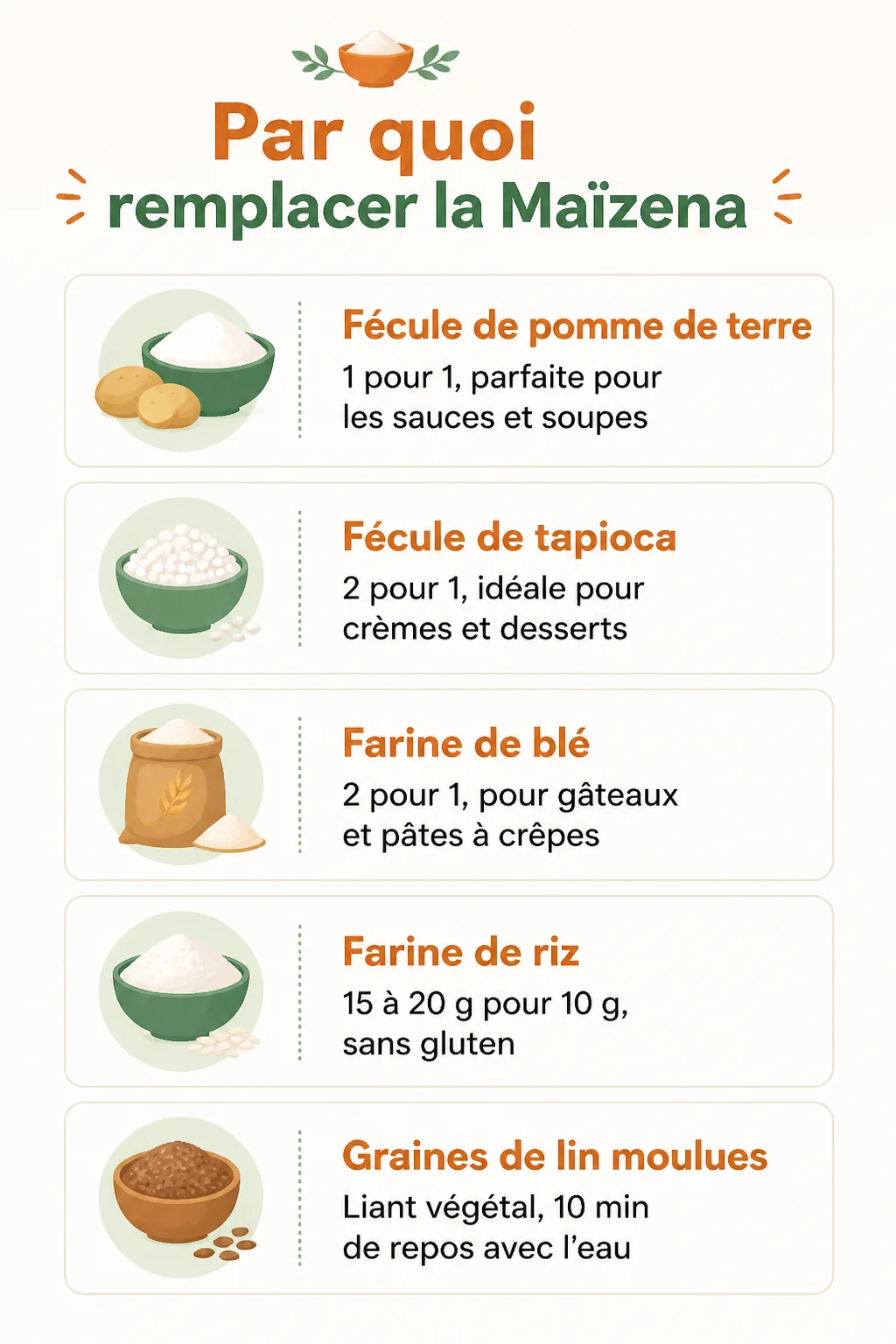 Par quoi remplacer la Maïzena : Fécule de pomme de terre, Fécule de tapioca, Farine de blé, Farine de riz, Graines de lin moulues