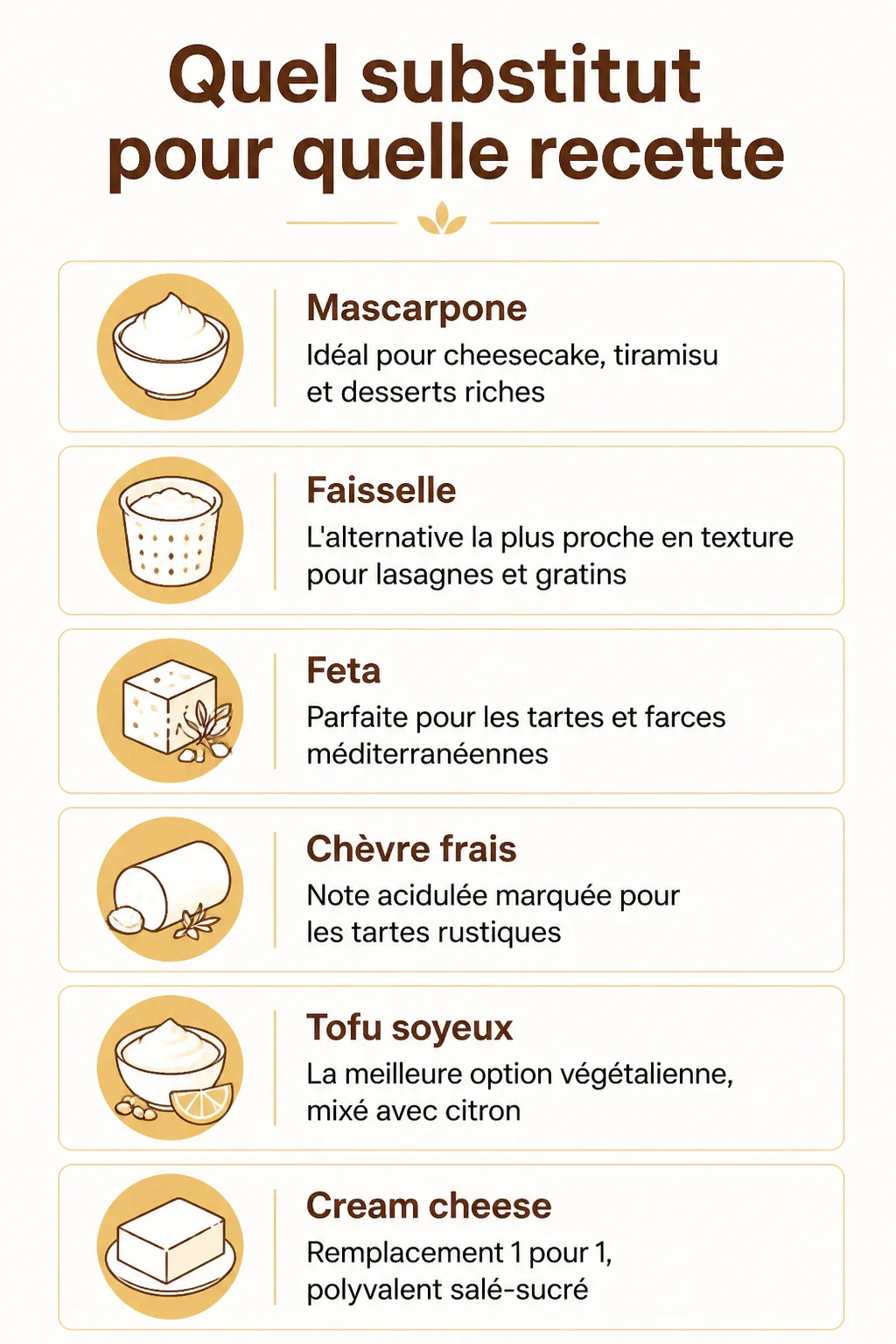 Quel substitut pour quelle recette : Mascarpone, Faisselle, Feta, Chèvre frais, Tofu soyeux, Cream cheese