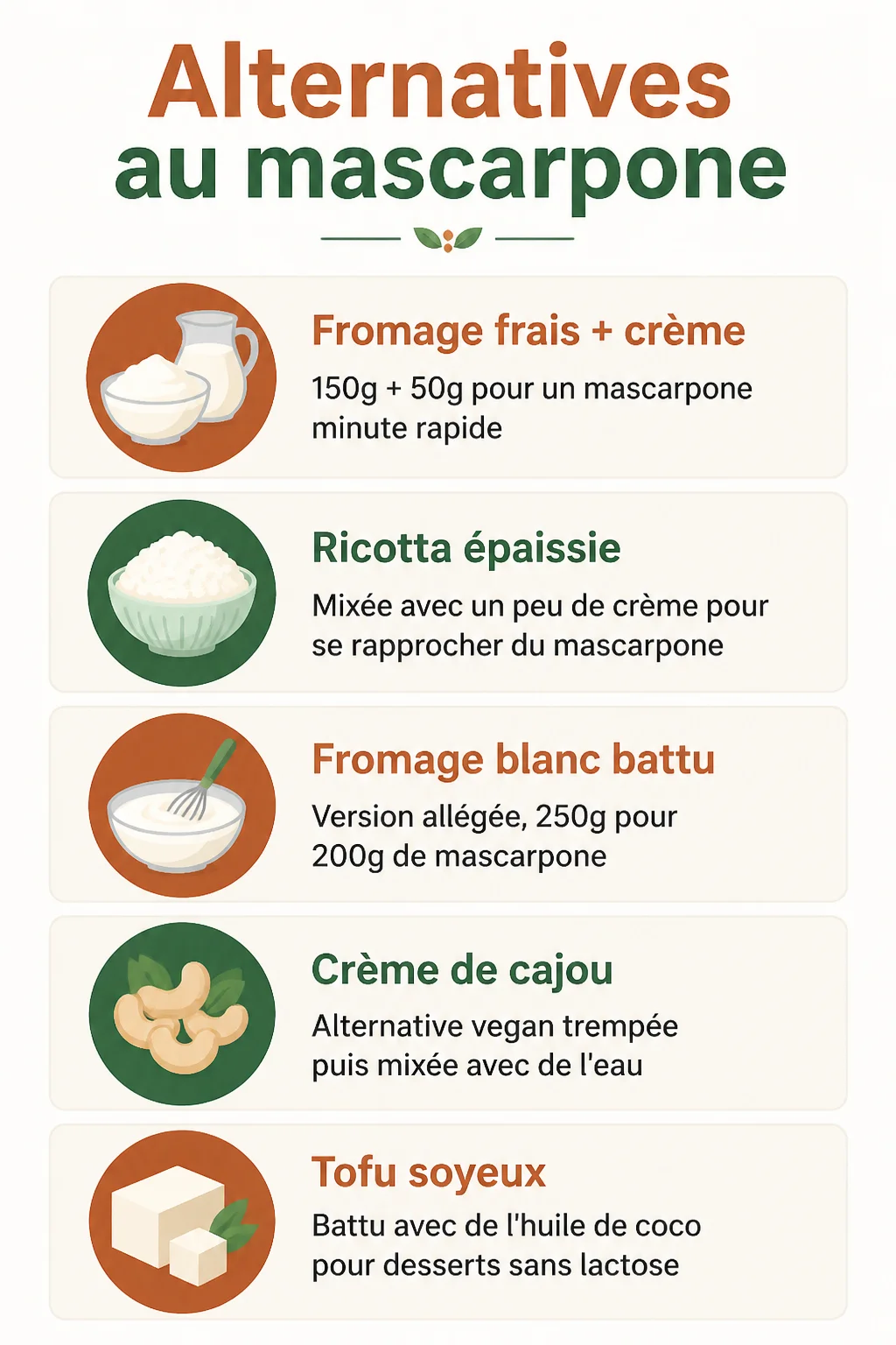 Alternatives au mascarpone : Fromage frais + crème, Ricotta épaissie, Fromage blanc battu, Crème de cajou, Tofu soyeux