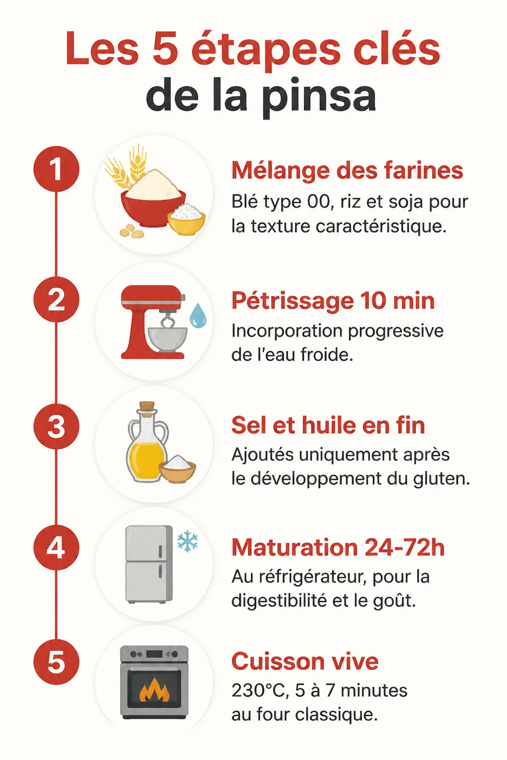 Les 5 étapes clés de la pinsa : 1. Mélange des farines, 2. Pétrissage 10 min, 3. Sel et huile en fin, 4. Maturation 24-72h, 5. Cuisson vive