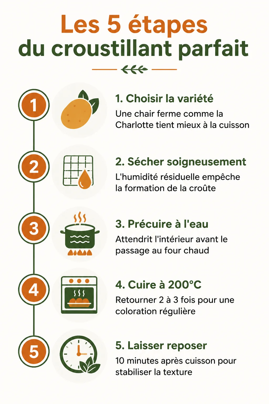 Les 5 étapes du croustillant parfait : 1. Choisir la variété, 2. Sécher soigneusement, 3. Précuire à l'eau, 4. Cuire à 200°C, 5. Laisser reposer