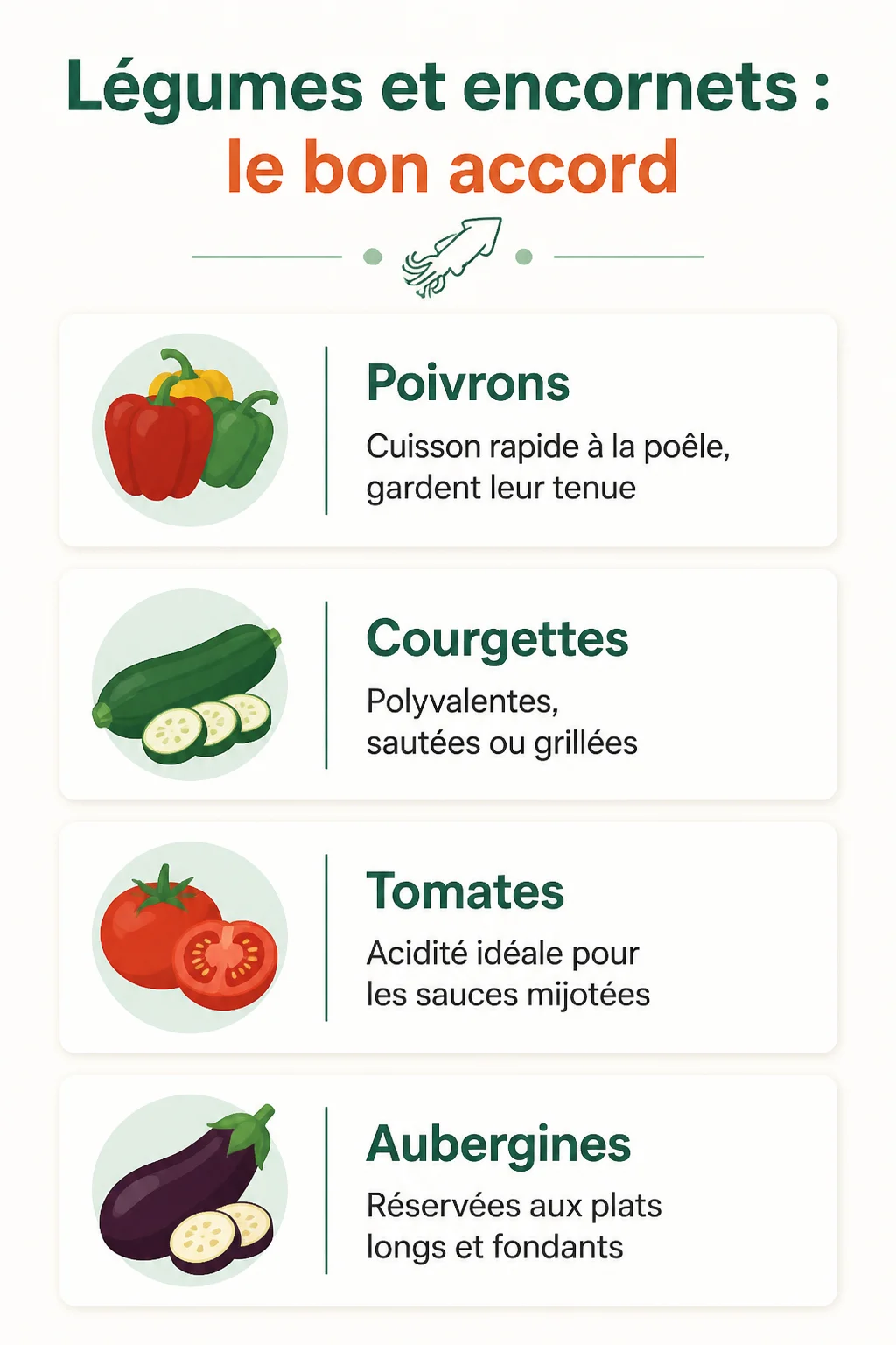 Légumes et encornets : le bon accord : Poivrons, Courgettes, Tomates, Aubergines