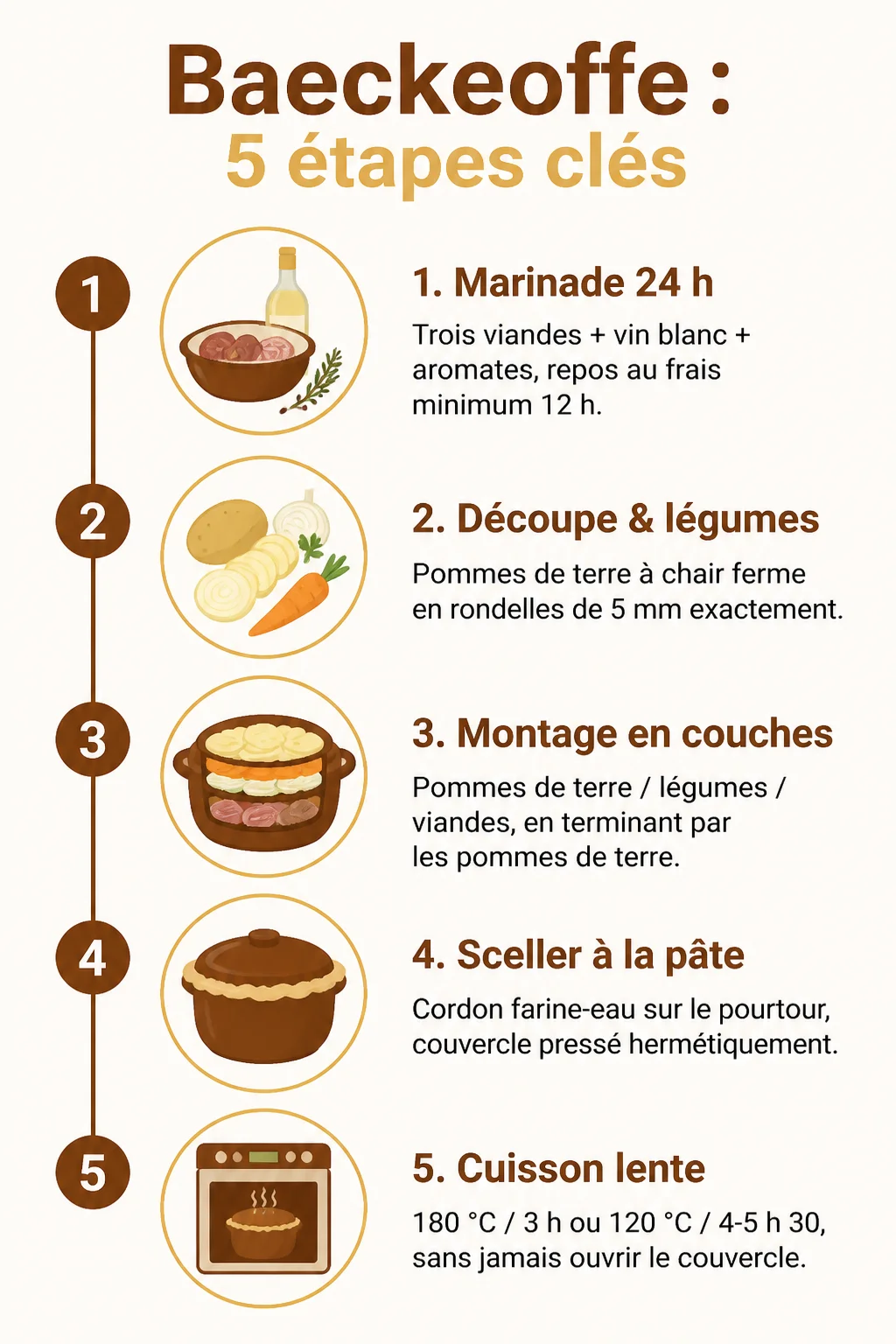 Baeckeoffe : 5 étapes clés : 1. Marinade 24 h, 2. Découpe & légumes, 3. Montage en couches, 4. Sceller à la pâte, 5. Cuisson lente