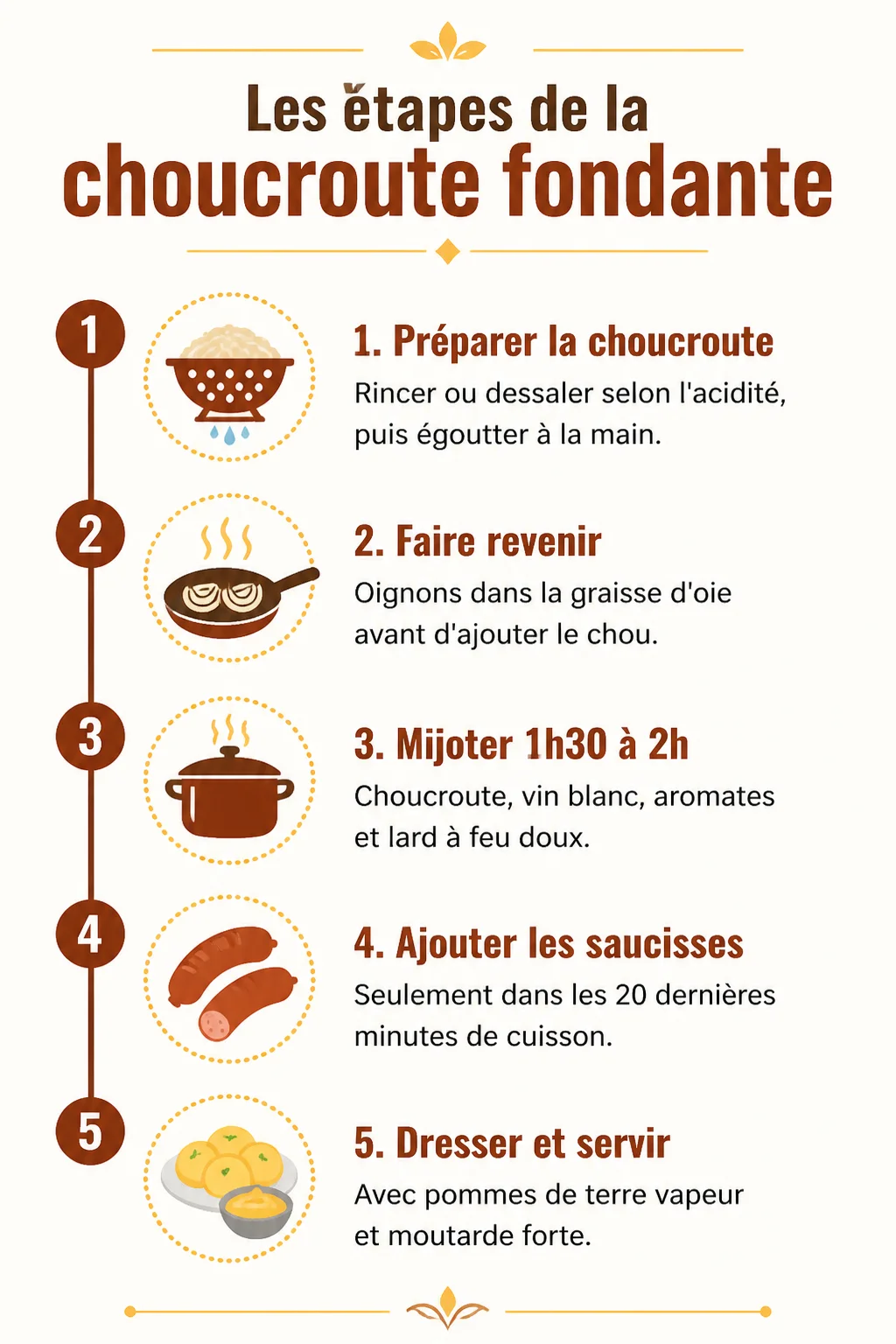 Les étapes de la choucroute fondante : 1. Préparer la choucroute, 2. Faire revenir, 3. Mijoter 1h30 à 2h, 4. Ajouter les saucisses, 5. Dresser et servir
