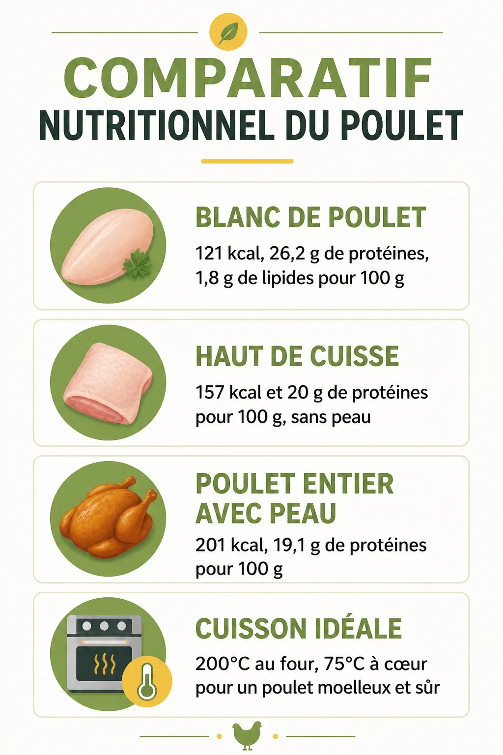 Comparatif nutritionnel du poulet : Blanc de poulet, Haut de cuisse, Poulet entier avec peau, Cuisson idéale