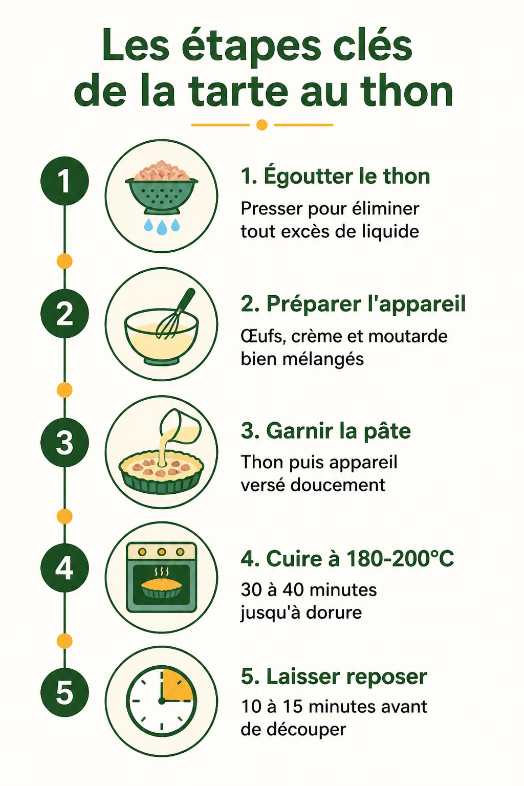 Les étapes clés de la tarte au thon : 1. Égoutter le thon, 2. Préparer l'appareil, 3. Garnir la pâte, 4. Cuire à 180-200°C, 5. Laisser reposer