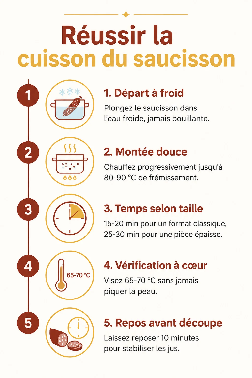 Réussir la cuisson du saucisson : 1. Départ à froid, 2. Montée douce, 3. Temps selon taille, 4. Vérification à cœur, 5. Repos avant découpe