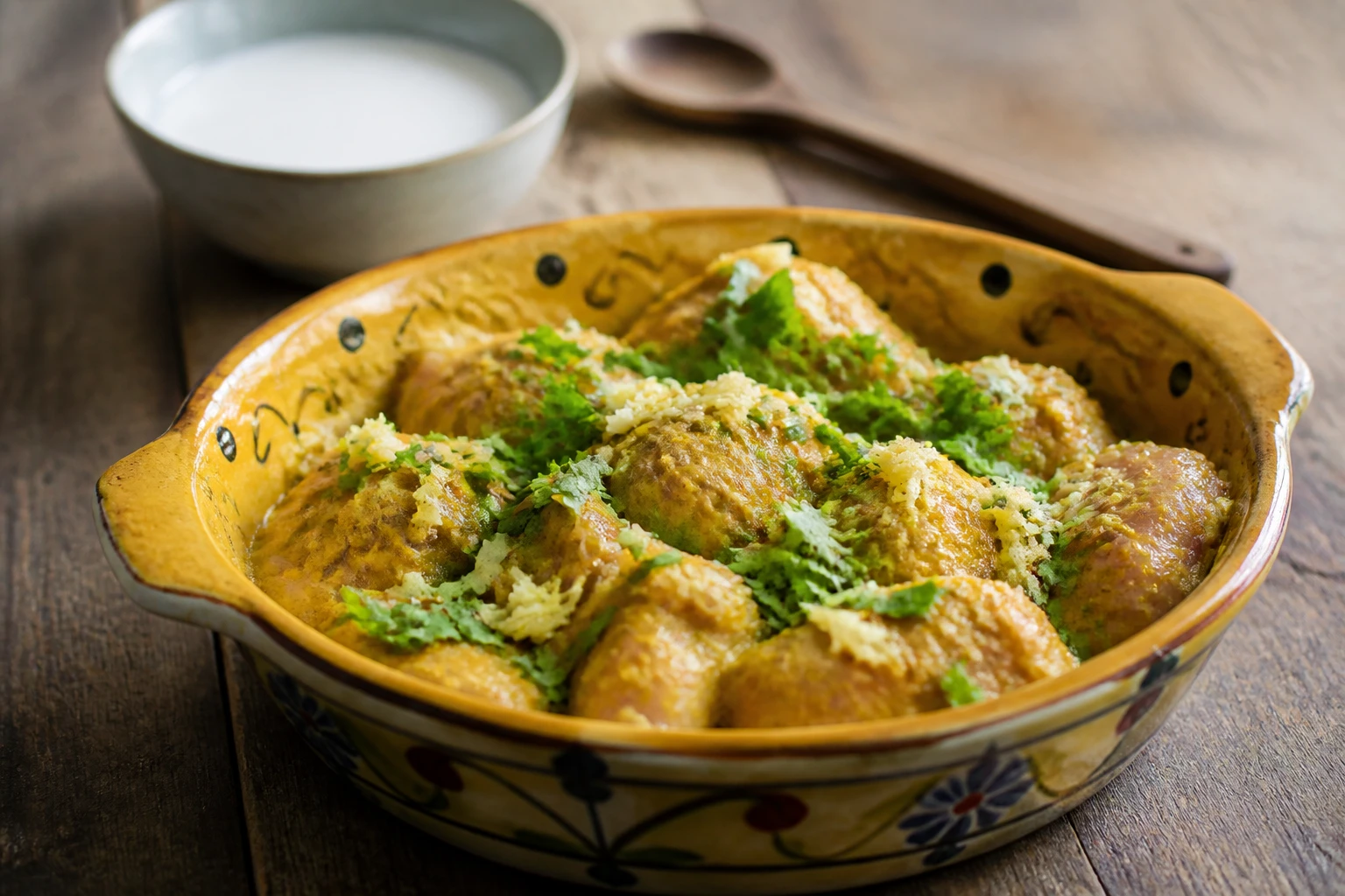 Poulet cru enrobé de marinade au curry dans un plat en céramique sur table en bois
