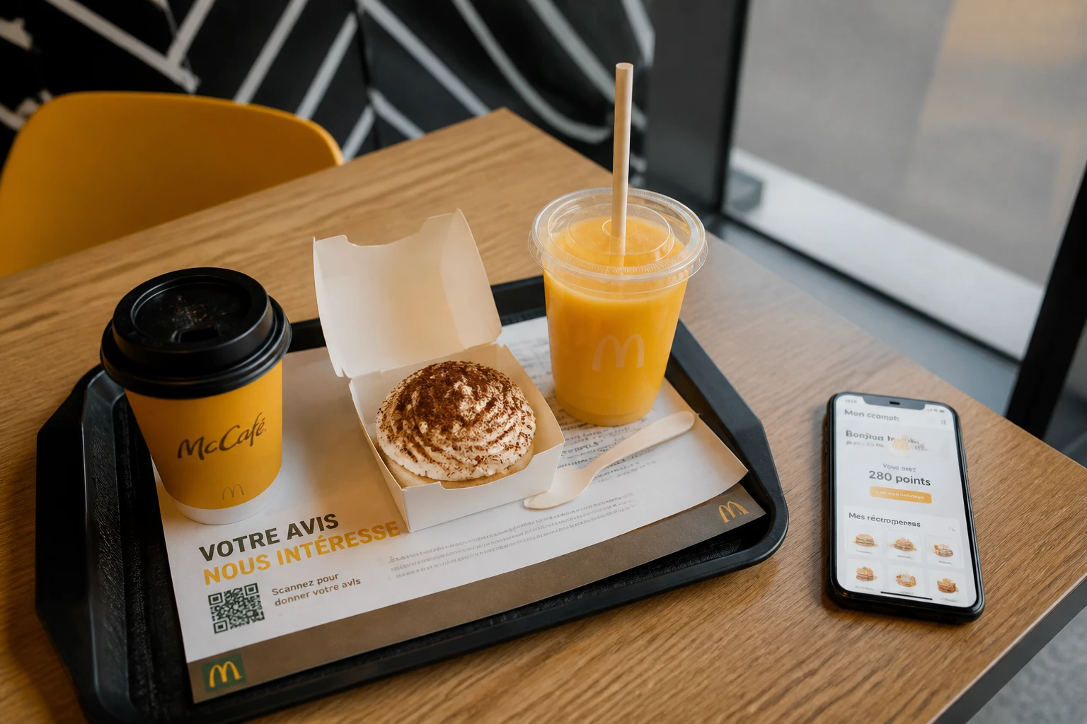 Plateau McDonald's avec dessert et boisson offerts pour un anniversaire, smartphone avec appli de fidélité