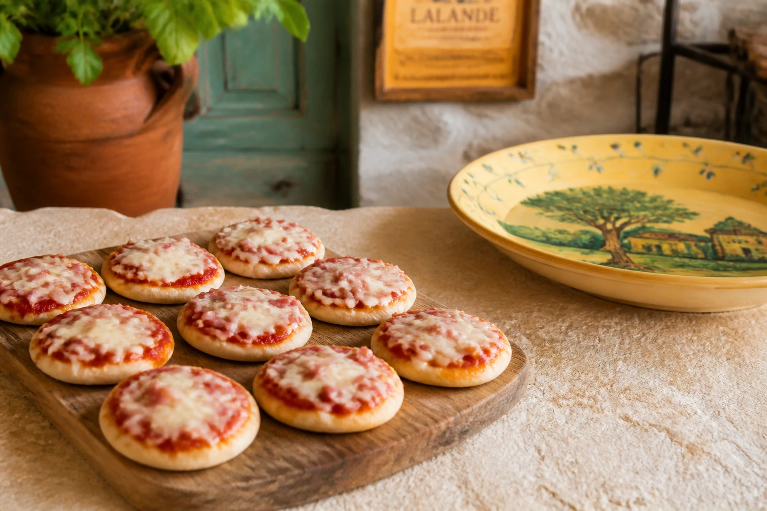 Plateau de mini pizzas apéro fraîchement cuites, garnies de tomate et mozzarella, prêtes à servir