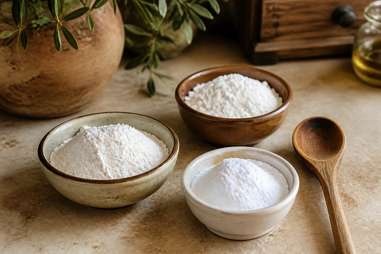 Bols de fécules de pomme de terre, tapioca et farine de riz sur un plan de travail en pierre