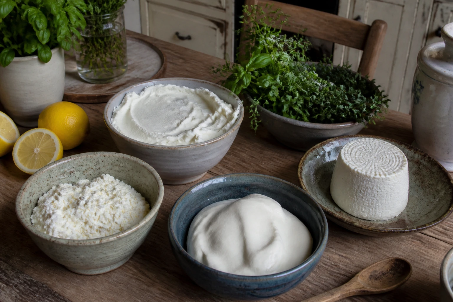 Fromages frais et alternatives à la ricotta présentés dans des bols en céramique sur une table en bois