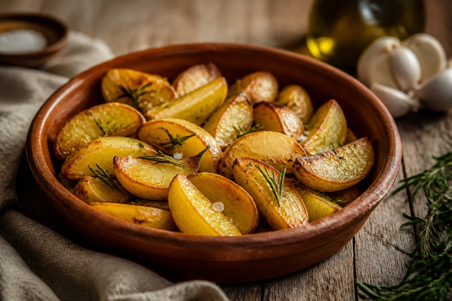 Plat de pommes de terre au four croustillantes dorées avec romarin sur table en bois provençale