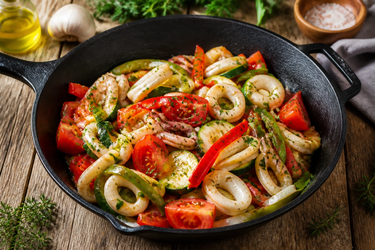 Poêlée d'encornets aux poivrons, courgettes et tomates dans une poêle en fonte