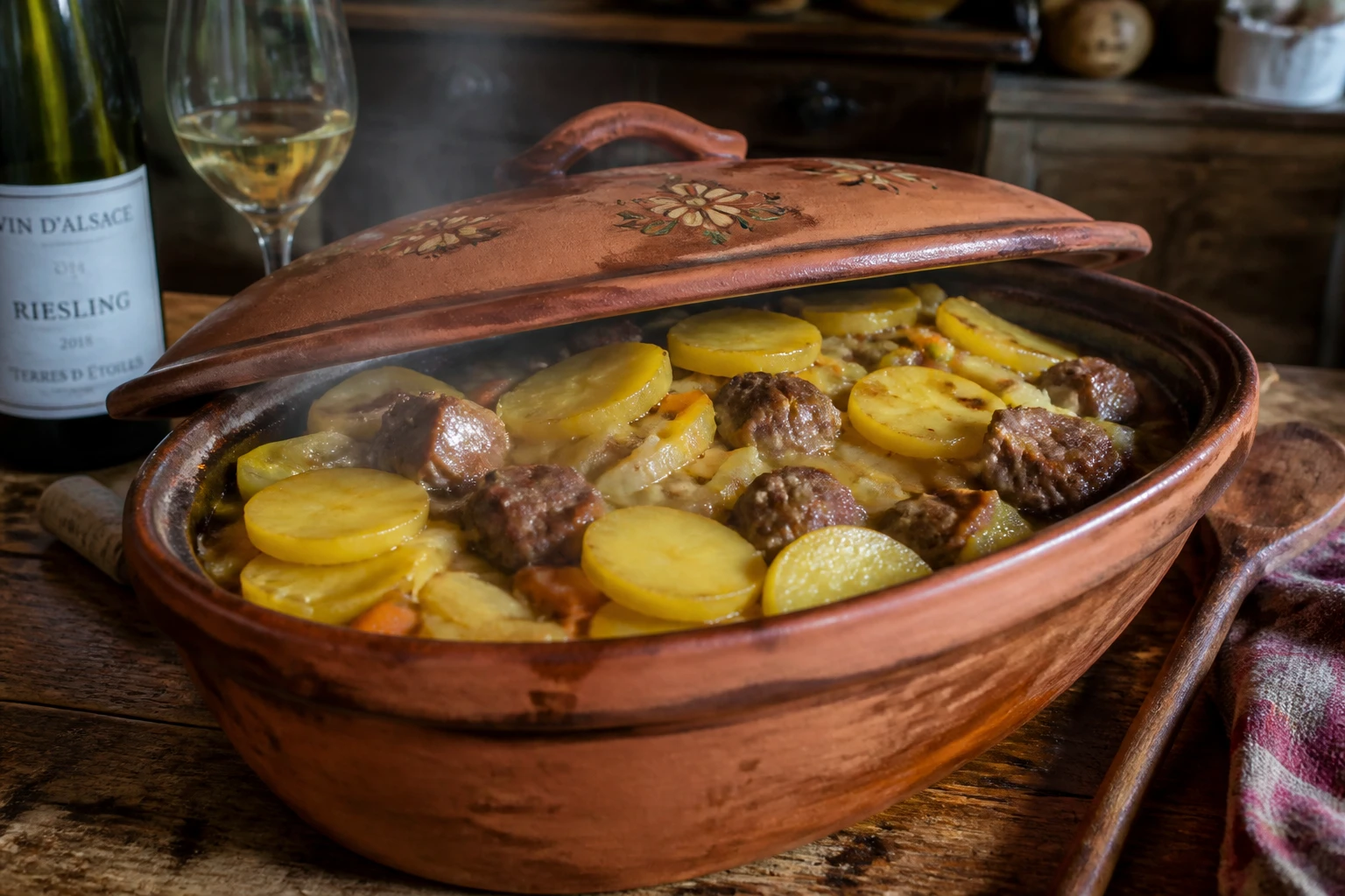 Terrine de baeckeoffe alsacien ouverte sur une table rustique, viandes et pommes de terre dorées au four dans un bouillon au vin blanc
