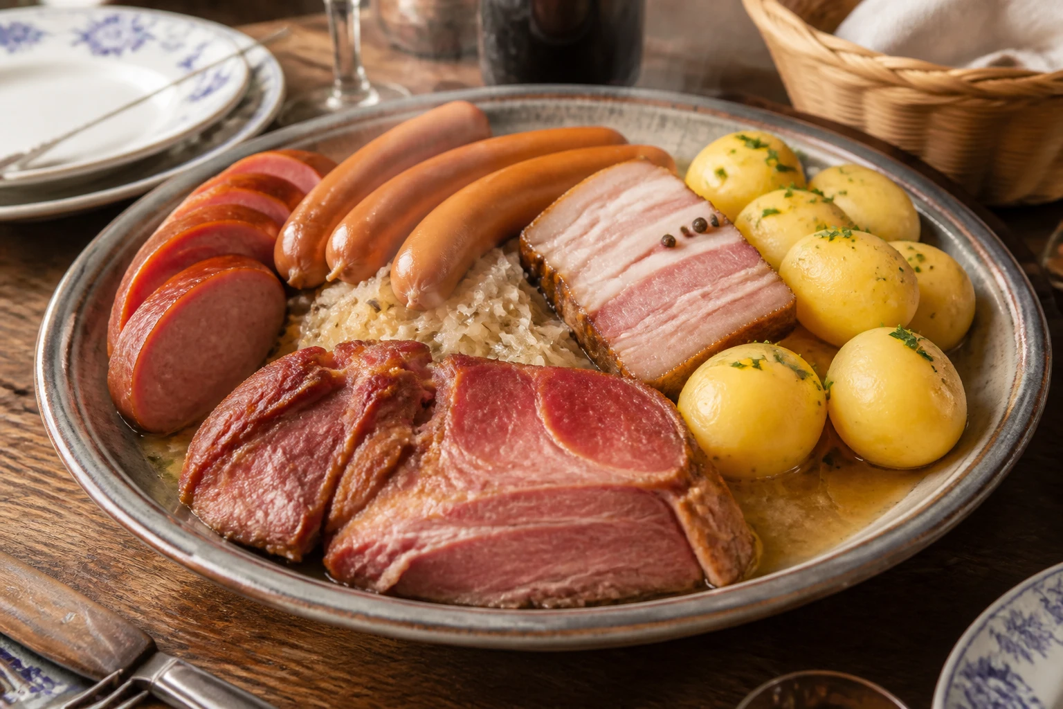Plat de choucroute garnie avec saucisses, lard et pommes de terre servi à table