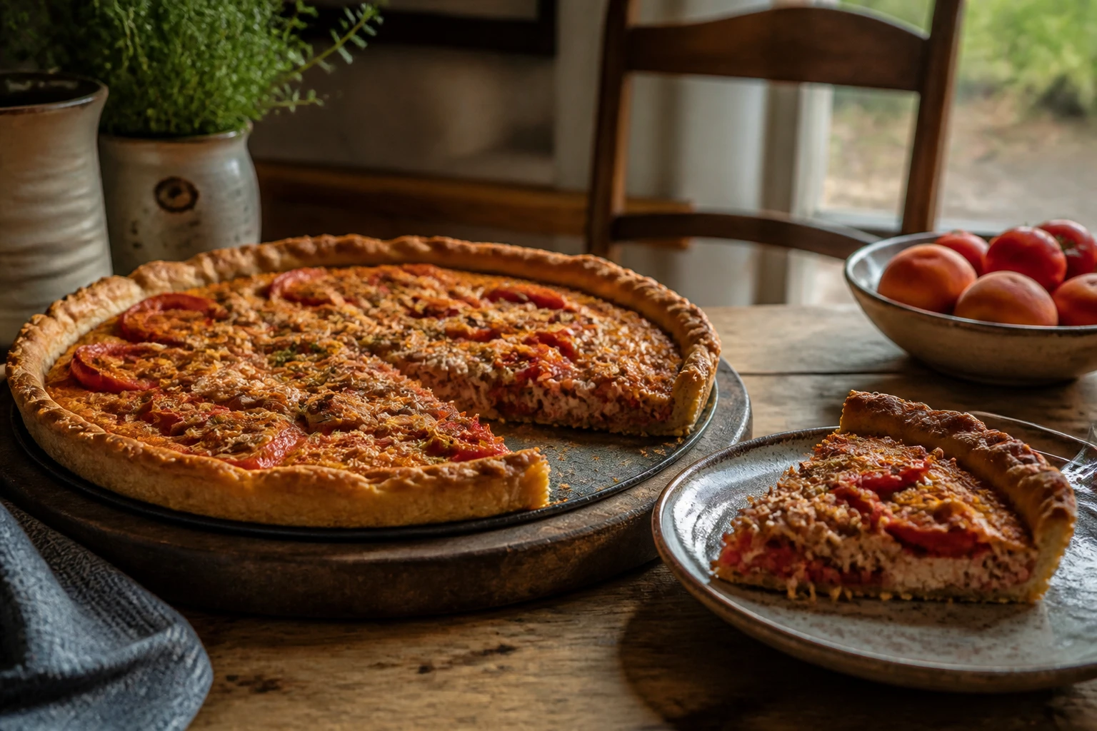 Tarte au thon grand-mère dorée sortie du four sur une table en bois, part découpée avec garniture visible