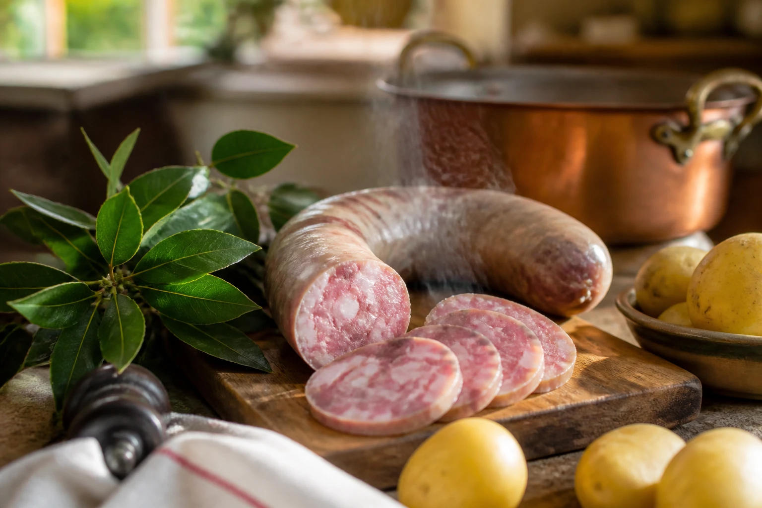 Saucisson à cuire tranché servi avec pommes de terre vapeur dans une cuisine provençale