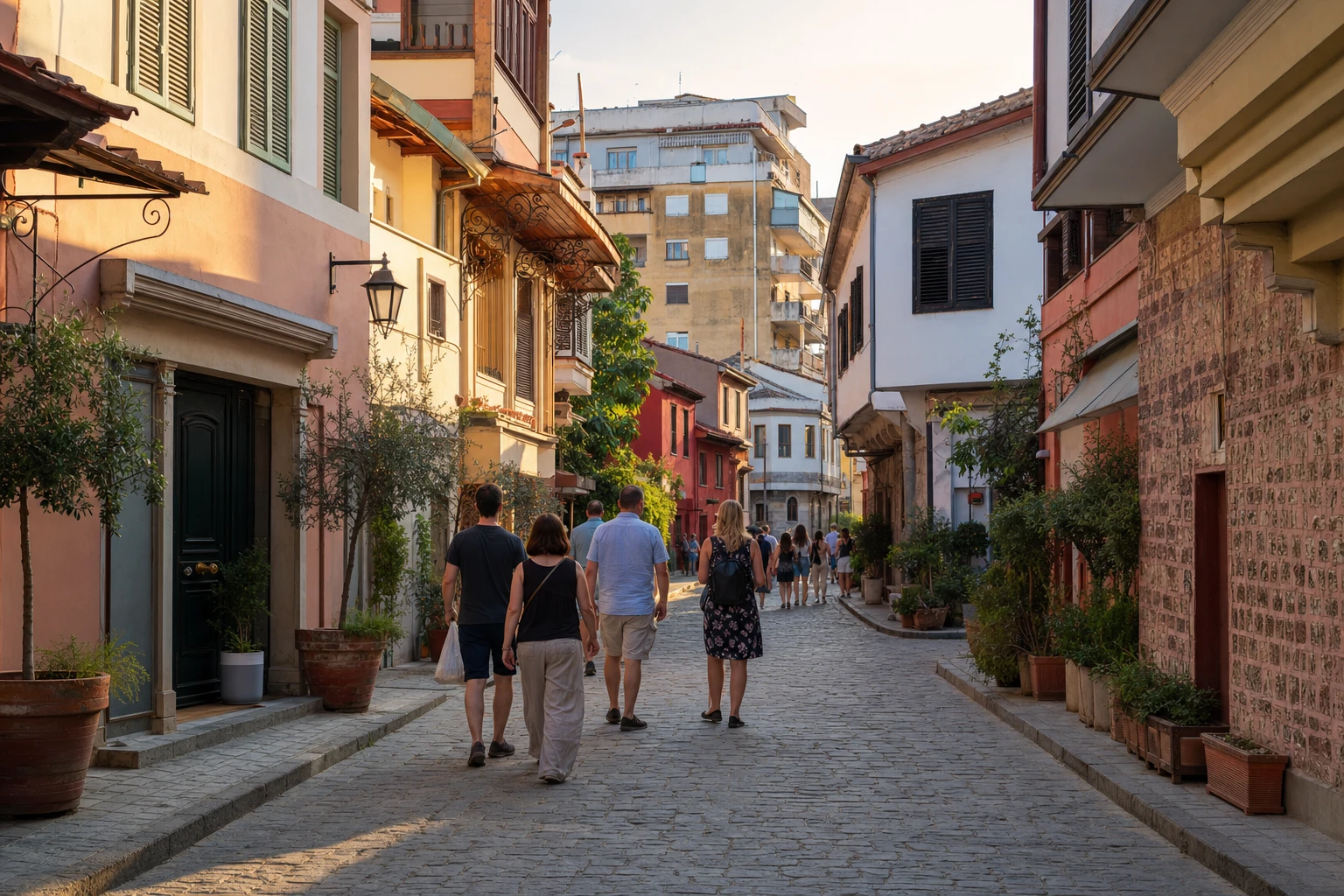 Rue animée du centre de Tirana en Albanie avec touristes et façades colorées au coucher du soleil