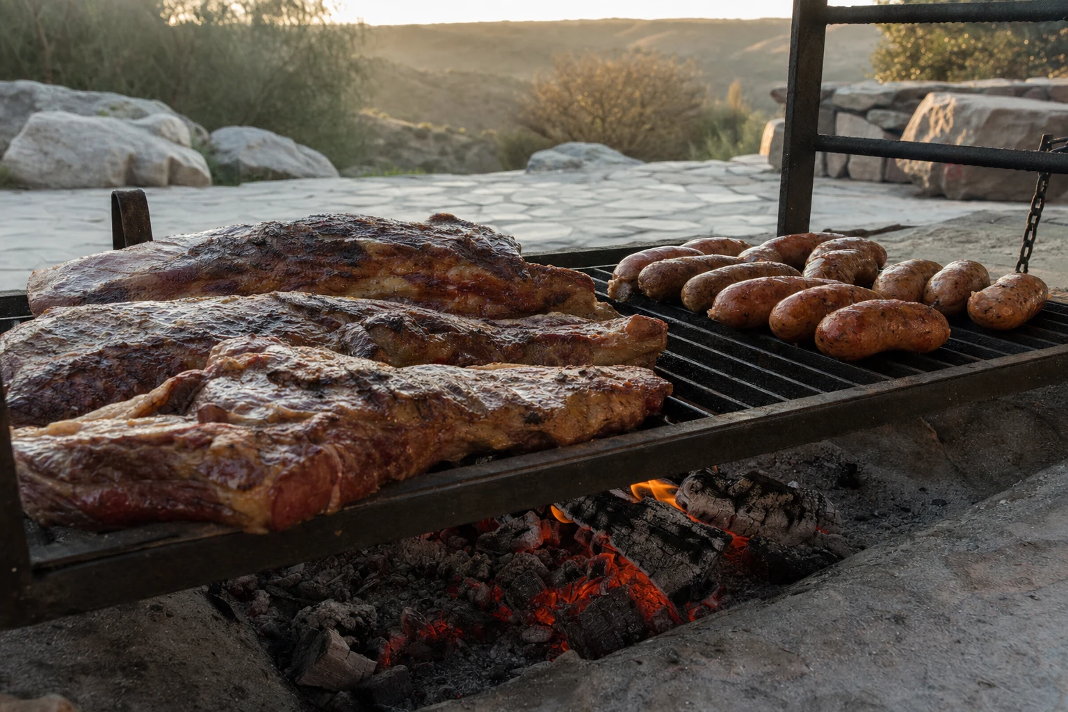 Parrilla argentine traditionnelle avec braises de bois et viandes grillées lentement