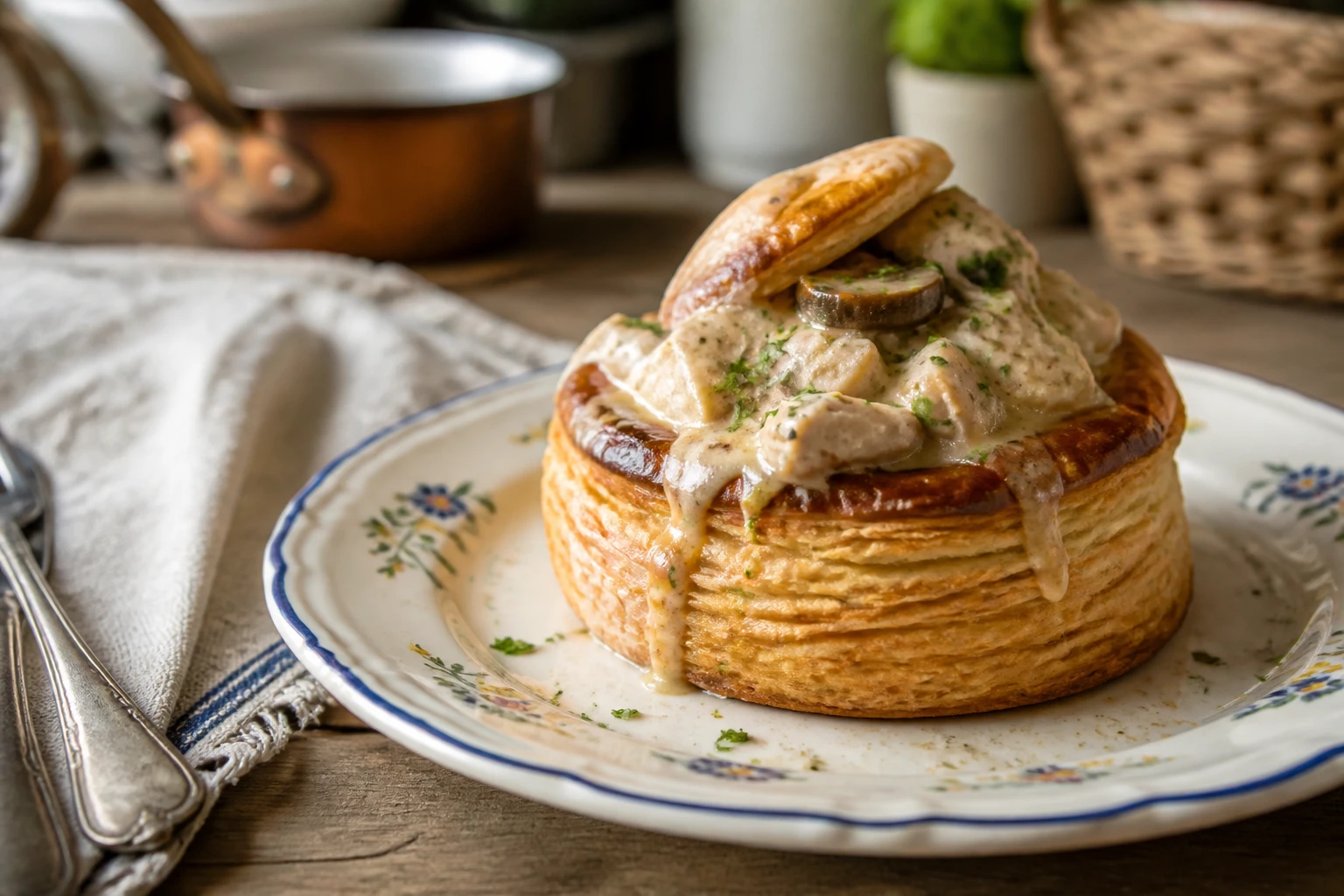 Bouchée à la reine dorée garnie de poulet et champignons, servie sur une table en bois de style provençal