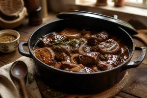 Cocotte en fonte de carbonade à la flamande avec bœuf fondant et sauce à la bière brune