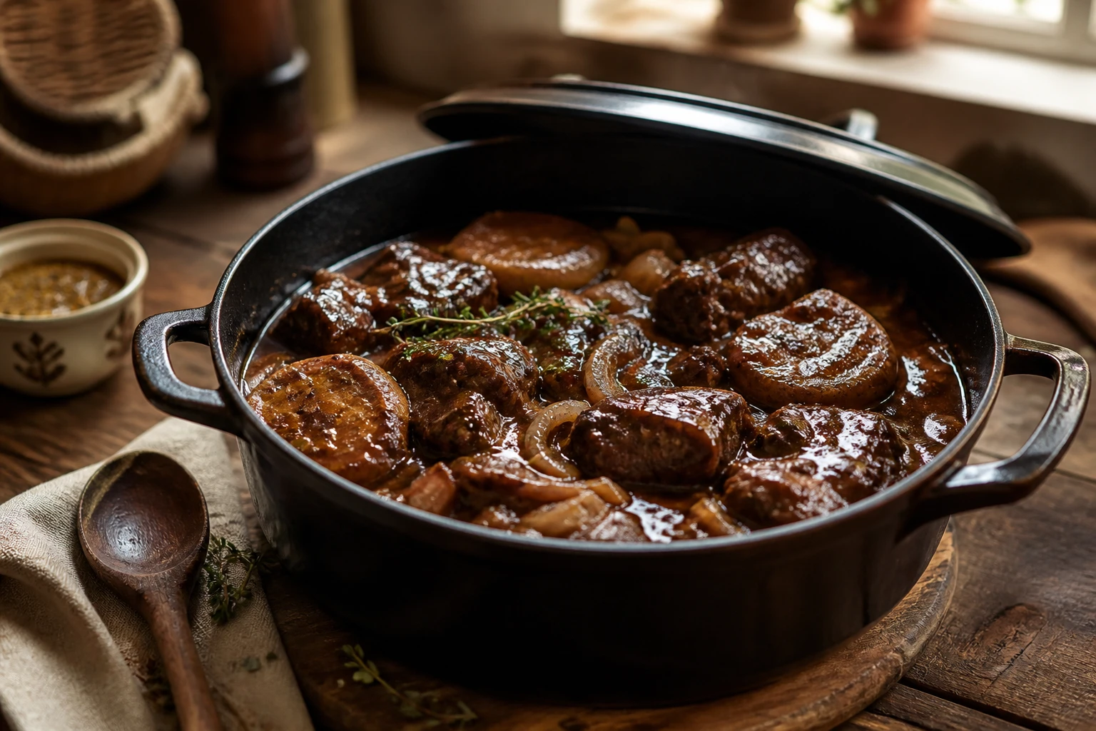 Cocotte en fonte de carbonade à la flamande avec bœuf fondant et sauce à la bière brune