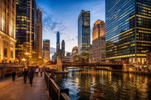 Vue du centre-ville de Chicago au crépuscule avec gratte-ciels illuminés et rivière